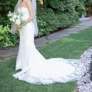 Sincerity Bridal White Lace Strapless Mermaid Wedding Gown with Chapel Train